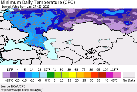 Russian Federation Minimum Daily Temperature (CPC) Thematic Map For 1/17/2022 - 1/23/2022