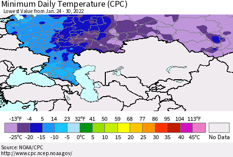 Russian Federation Minimum Daily Temperature (CPC) Thematic Map For 1/24/2022 - 1/30/2022