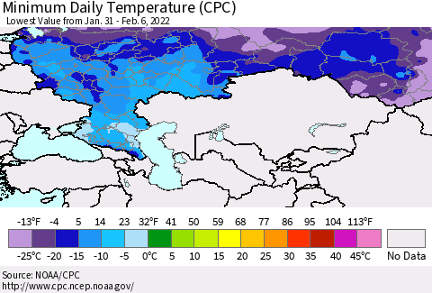 Russian Federation Minimum Daily Temperature (CPC) Thematic Map For 1/31/2022 - 2/6/2022