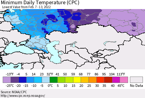 Russian Federation Minimum Daily Temperature (CPC) Thematic Map For 2/7/2022 - 2/13/2022