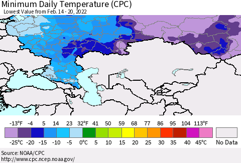Russian Federation Minimum Daily Temperature (CPC) Thematic Map For 2/14/2022 - 2/20/2022