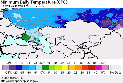 Russian Federation Minimum Daily Temperature (CPC) Thematic Map For 2/21/2022 - 2/27/2022