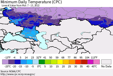 Russian Federation Minimum Daily Temperature (CPC) Thematic Map For 3/7/2022 - 3/13/2022