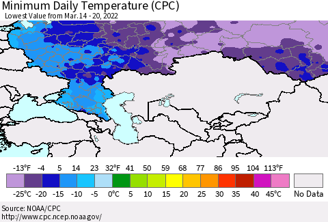 Russian Federation Minimum Daily Temperature (CPC) Thematic Map For 3/14/2022 - 3/20/2022