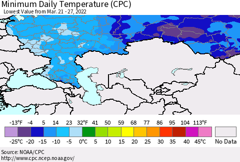 Russian Federation Minimum Daily Temperature (CPC) Thematic Map For 3/21/2022 - 3/27/2022