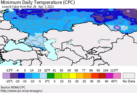 Russian Federation Minimum Daily Temperature (CPC) Thematic Map For 3/28/2022 - 4/3/2022
