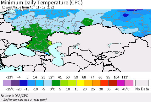 Russian Federation Minimum Daily Temperature (CPC) Thematic Map For 4/11/2022 - 4/17/2022
