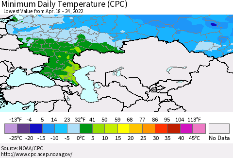 Russian Federation Minimum Daily Temperature (CPC) Thematic Map For 4/18/2022 - 4/24/2022