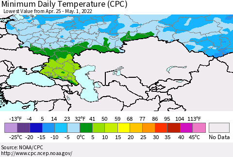 Russian Federation Minimum Daily Temperature (CPC) Thematic Map For 4/25/2022 - 5/1/2022