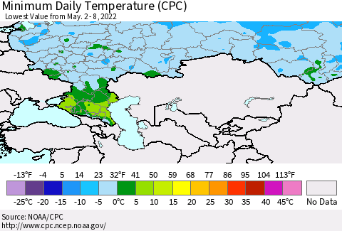 Russian Federation Minimum Daily Temperature (CPC) Thematic Map For 5/2/2022 - 5/8/2022