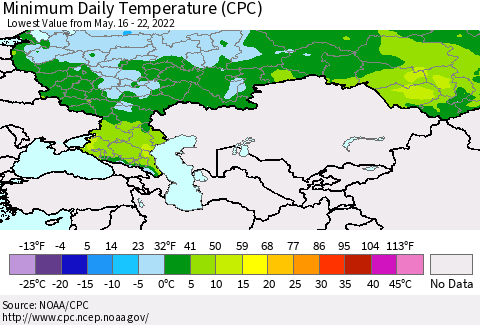 Russian Federation Minimum Daily Temperature (CPC) Thematic Map For 5/16/2022 - 5/22/2022