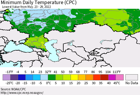 Russian Federation Minimum Daily Temperature (CPC) Thematic Map For 5/23/2022 - 5/29/2022