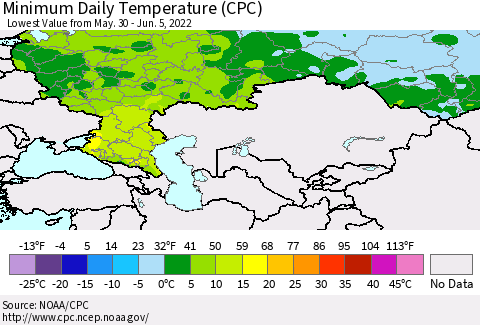 Russian Federation Minimum Daily Temperature (CPC) Thematic Map For 5/30/2022 - 6/5/2022