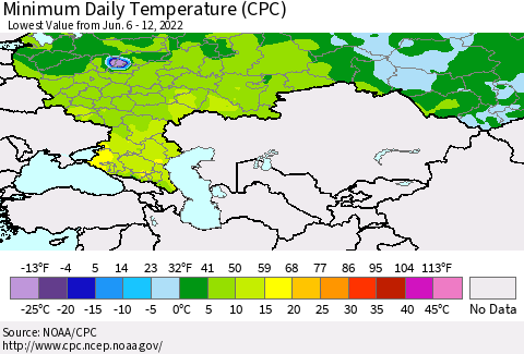 Russian Federation Minimum Daily Temperature (CPC) Thematic Map For 6/6/2022 - 6/12/2022