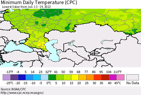 Russian Federation Minimum Daily Temperature (CPC) Thematic Map For 6/13/2022 - 6/19/2022