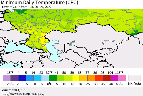 Russian Federation Minimum Daily Temperature (CPC) Thematic Map For 6/20/2022 - 6/26/2022
