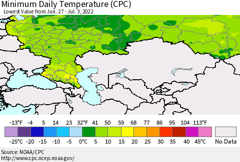 Russian Federation Minimum Daily Temperature (CPC) Thematic Map For 6/27/2022 - 7/3/2022