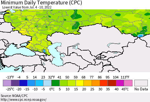 Russian Federation Minimum Daily Temperature (CPC) Thematic Map For 7/4/2022 - 7/10/2022