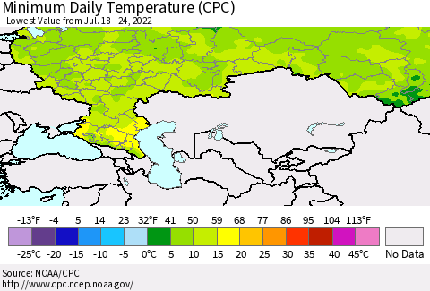 Russian Federation Minimum Daily Temperature (CPC) Thematic Map For 7/18/2022 - 7/24/2022