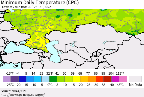 Russian Federation Minimum Daily Temperature (CPC) Thematic Map For 7/25/2022 - 7/31/2022