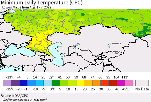 Russian Federation Minimum Daily Temperature (CPC) Thematic Map For 8/1/2022 - 8/7/2022
