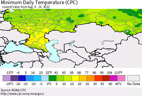 Russian Federation Minimum Daily Temperature (CPC) Thematic Map For 8/8/2022 - 8/14/2022