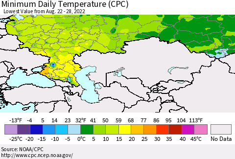 Russian Federation Minimum Daily Temperature (CPC) Thematic Map For 8/22/2022 - 8/28/2022