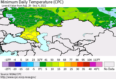 Russian Federation Minimum Daily Temperature (CPC) Thematic Map For 8/29/2022 - 9/4/2022