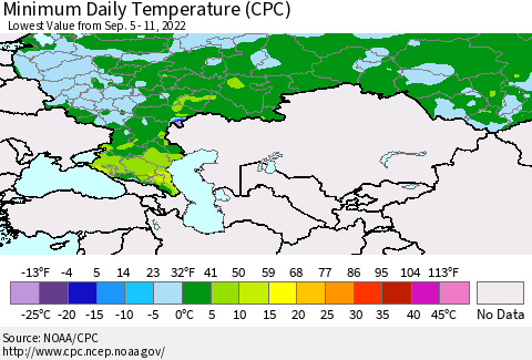 Russian Federation Minimum Daily Temperature (CPC) Thematic Map For 9/5/2022 - 9/11/2022