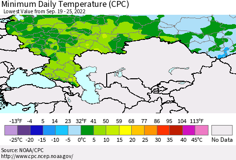 Russian Federation Minimum Daily Temperature (CPC) Thematic Map For 9/19/2022 - 9/25/2022