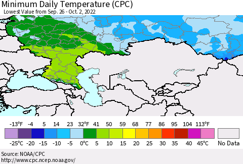 Russian Federation Minimum Daily Temperature (CPC) Thematic Map For 9/26/2022 - 10/2/2022