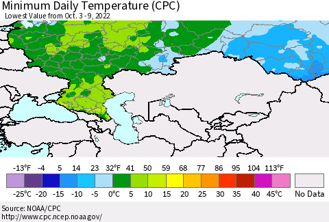 Russian Federation Minimum Daily Temperature (CPC) Thematic Map For 10/3/2022 - 10/9/2022