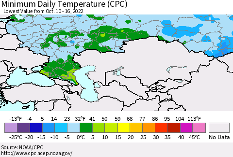 Russian Federation Minimum Daily Temperature (CPC) Thematic Map For 10/10/2022 - 10/16/2022