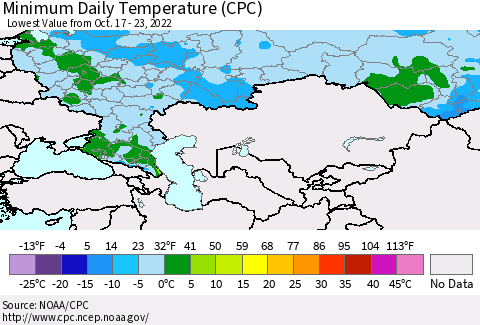 Russian Federation Minimum Daily Temperature (CPC) Thematic Map For 10/17/2022 - 10/23/2022