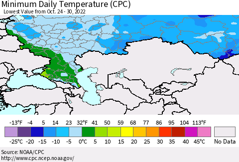 Russian Federation Minimum Daily Temperature (CPC) Thematic Map For 10/24/2022 - 10/30/2022