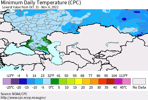 Russian Federation Minimum Daily Temperature (CPC) Thematic Map For 10/31/2022 - 11/6/2022