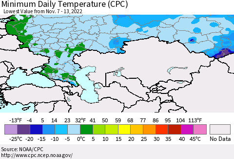 Russian Federation Minimum Daily Temperature (CPC) Thematic Map For 11/7/2022 - 11/13/2022