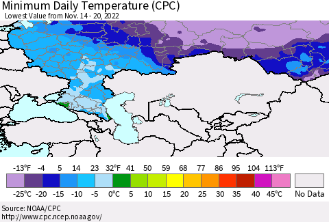 Russian Federation Minimum Daily Temperature (CPC) Thematic Map For 11/14/2022 - 11/20/2022