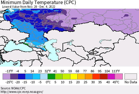 Russian Federation Minimum Daily Temperature (CPC) Thematic Map For 11/28/2022 - 12/4/2022