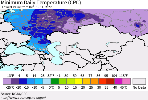 Russian Federation Minimum Daily Temperature (CPC) Thematic Map For 12/5/2022 - 12/11/2022