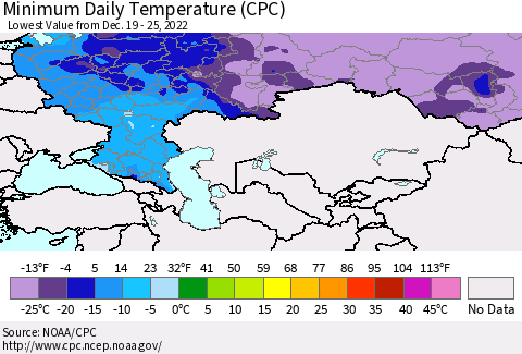 Russian Federation Minimum Daily Temperature (CPC) Thematic Map For 12/19/2022 - 12/25/2022
