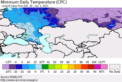 Russian Federation Minimum Daily Temperature (CPC) Thematic Map For 12/26/2022 - 1/1/2023