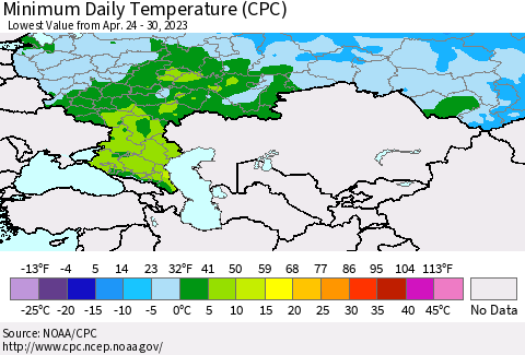Russian Federation Minimum Daily Temperature (CPC) Thematic Map For 4/24/2023 - 4/30/2023