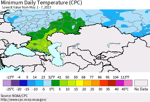 Russian Federation Minimum Daily Temperature (CPC) Thematic Map For 5/1/2023 - 5/7/2023