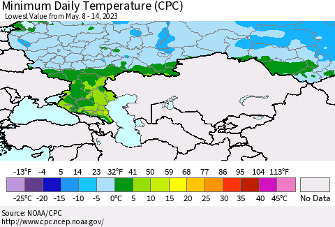 Russian Federation Minimum Daily Temperature (CPC) Thematic Map For 5/8/2023 - 5/14/2023