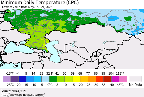 Russian Federation Minimum Daily Temperature (CPC) Thematic Map For 5/15/2023 - 5/21/2023