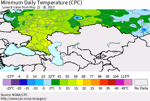 Russian Federation Minimum Daily Temperature (CPC) Thematic Map For 5/22/2023 - 5/28/2023