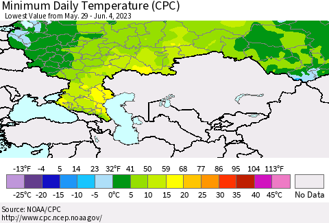 Russian Federation Minimum Daily Temperature (CPC) Thematic Map For 5/29/2023 - 6/4/2023
