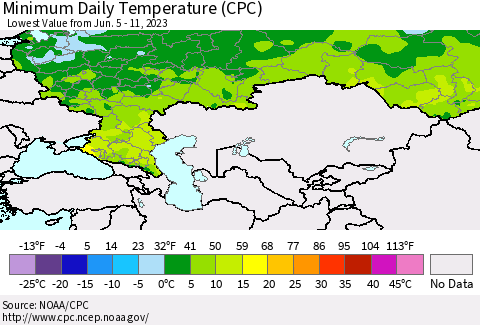 Russian Federation Minimum Daily Temperature (CPC) Thematic Map For 6/5/2023 - 6/11/2023