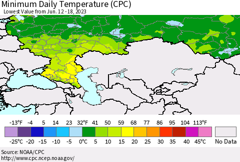 Russian Federation Minimum Daily Temperature (CPC) Thematic Map For 6/12/2023 - 6/18/2023